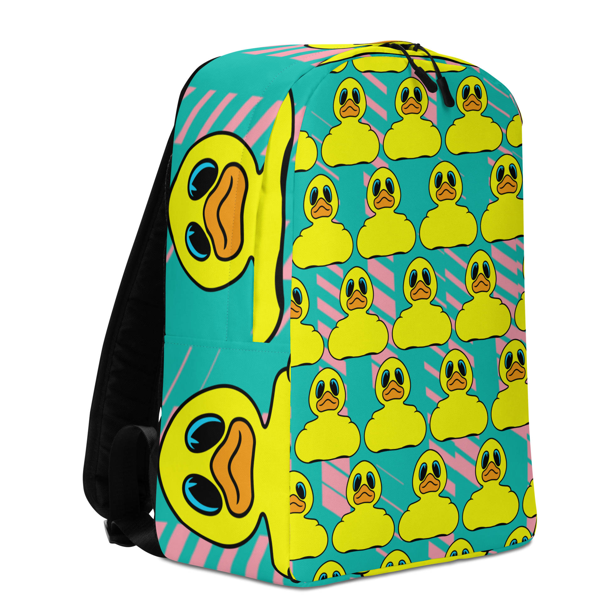 side view minimalist backpack with classic BMORE DUCKS! yellow rubber duck logo pattern over teal background