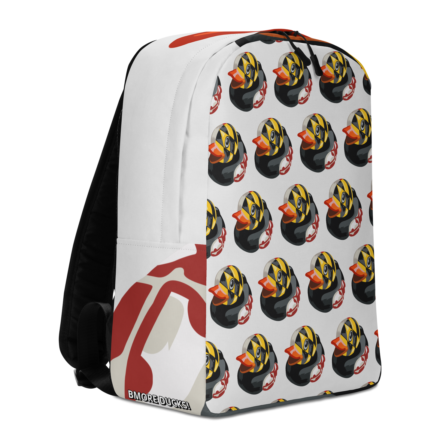 front view of minimalist backpack with all over pattern print of Maryland BMORE DUCKS! logo