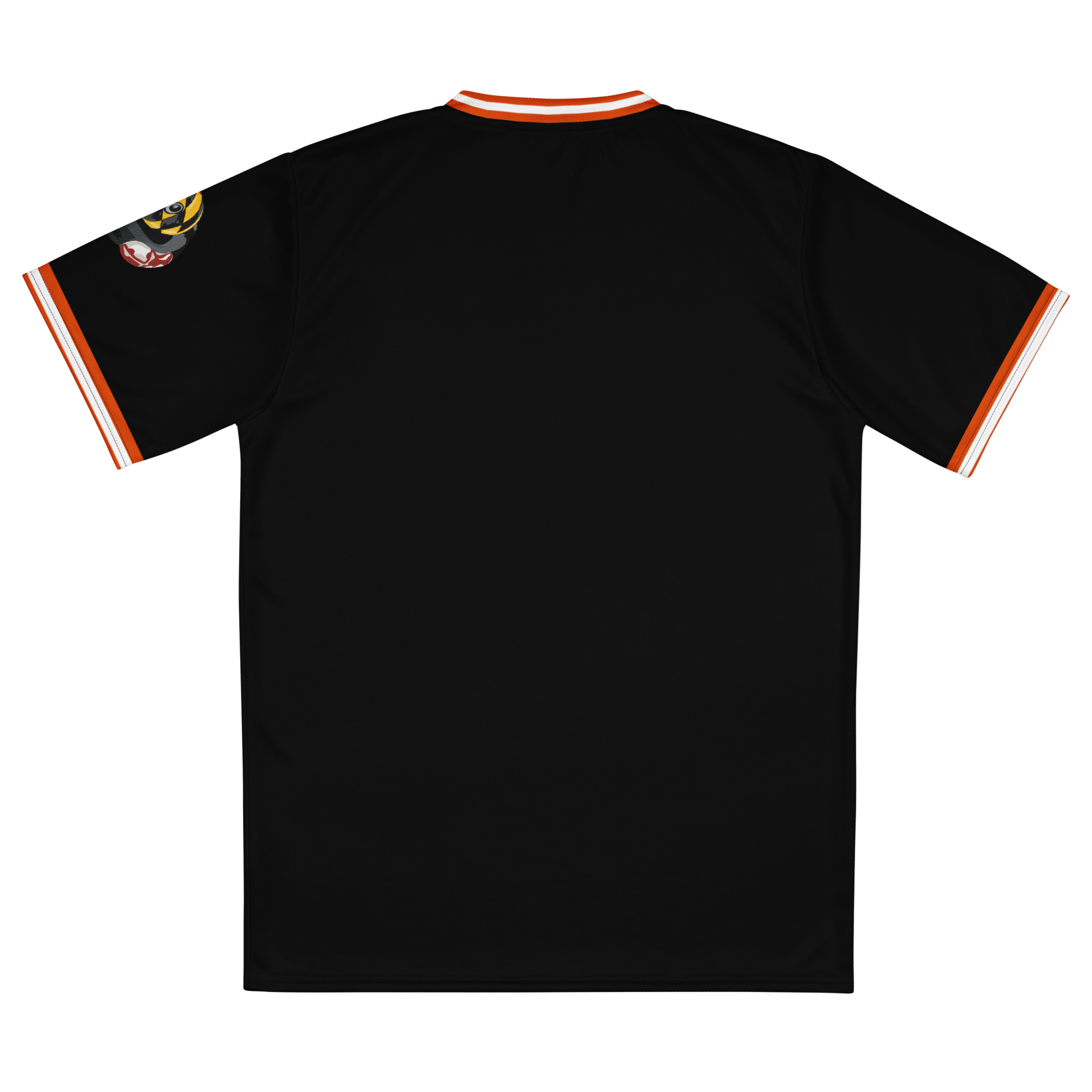 back view of black jersey with orange and white stripes on sleeve cuffs and neck