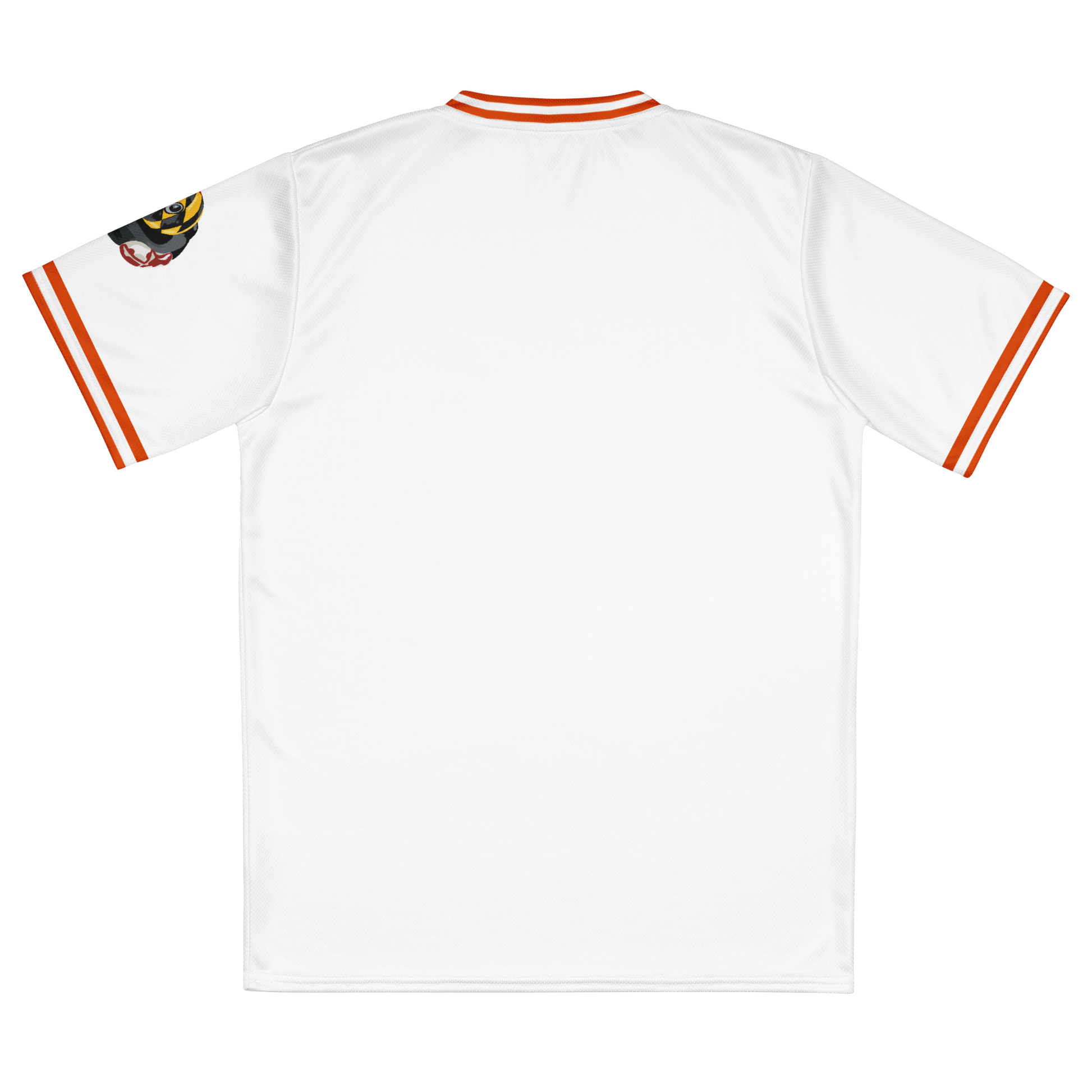 back of white jersey with orange and white striped arm cuffs and neck