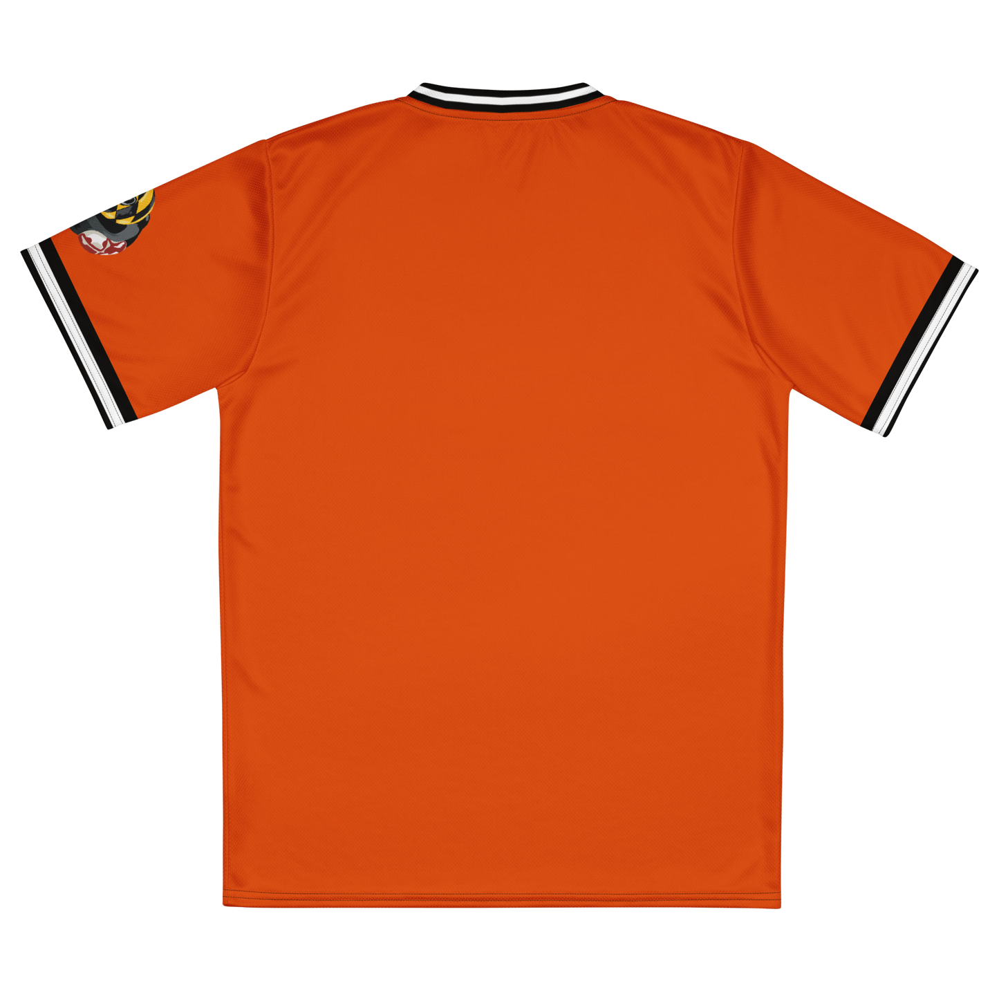 back of orange baseball style jersey with black and white arm cuffs and neckline