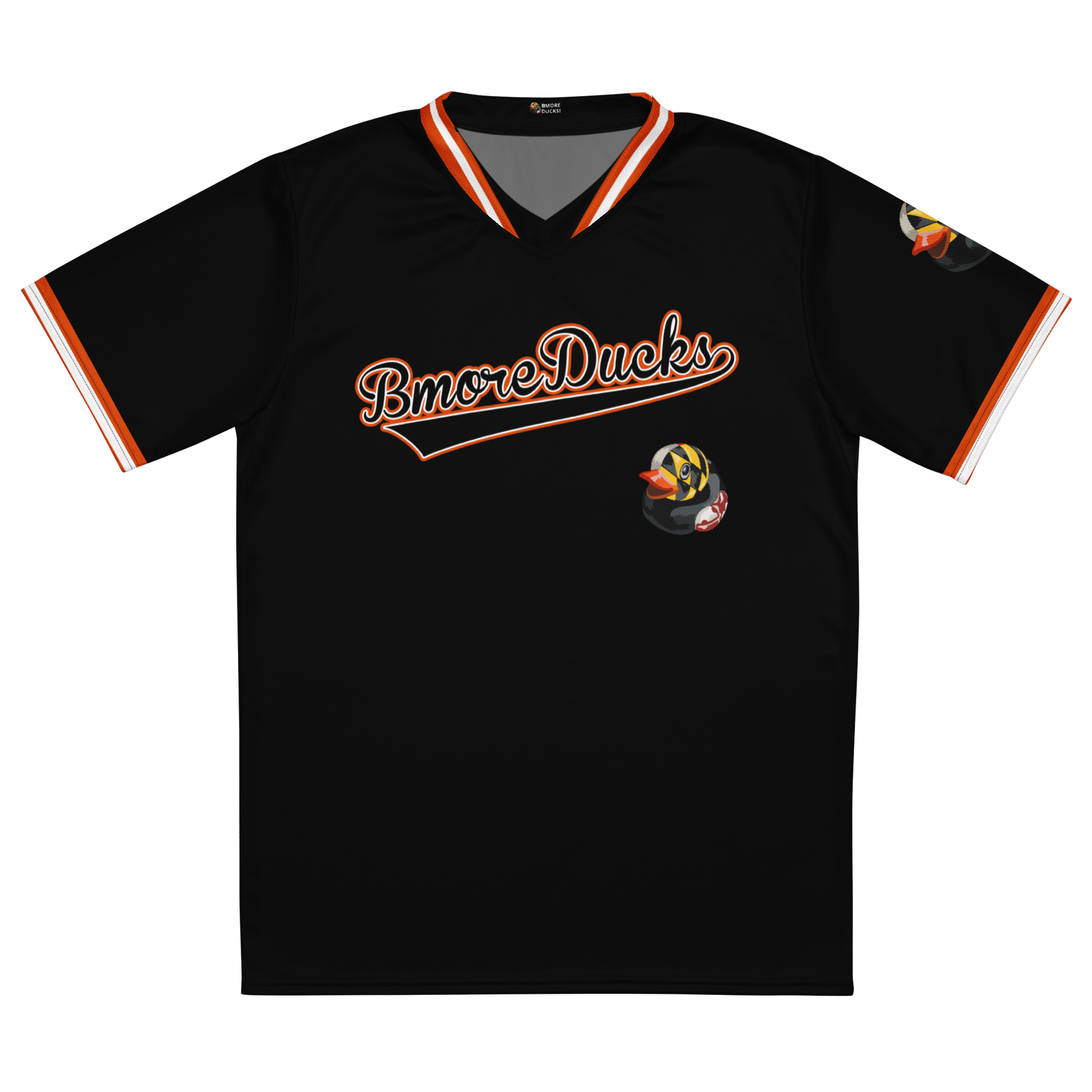 front view of black baseball style jersey with BMORE DUCKS! in script and rubber duck with Maryland flag overlay logo