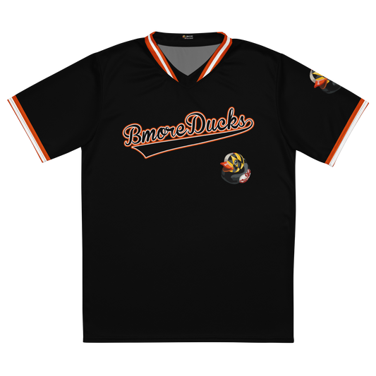 front view of black baseball style jersey with BMORE DUCKS! in script and rubber duck with Maryland flag overlay logo