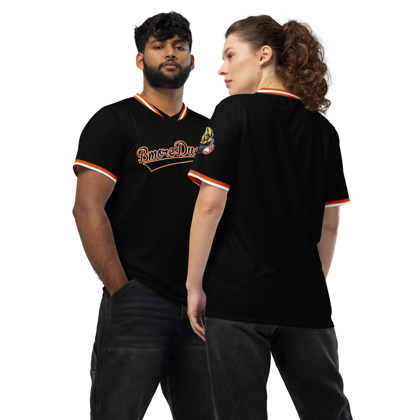 male and female modeling black baseball style jersey with BMORE DUCKS! in script and rubber duck with Maryland flag overlay logo