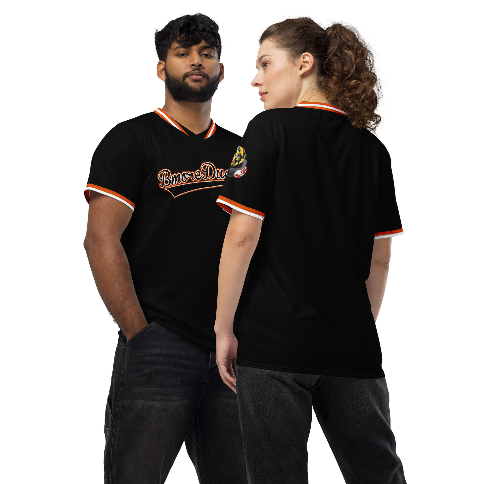 male and female modeling black baseball style jersey with BMORE DUCKS! in script and rubber duck with Maryland flag overlay logo