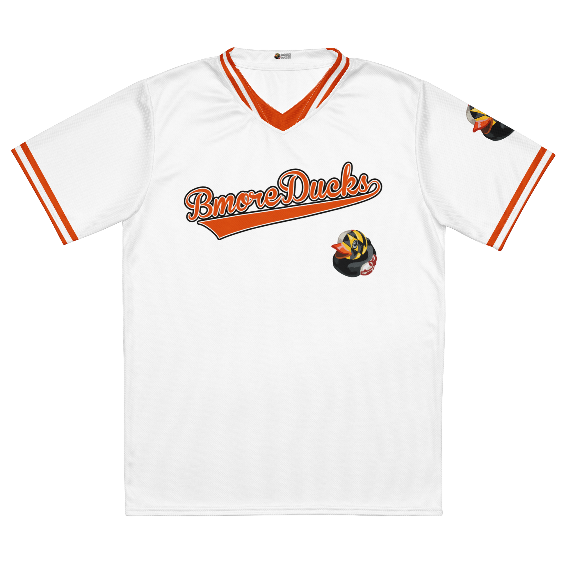 front view of white baseball style jersey with BMORE DUCKS! in script and rubber duck with Maryland flag overlay logo