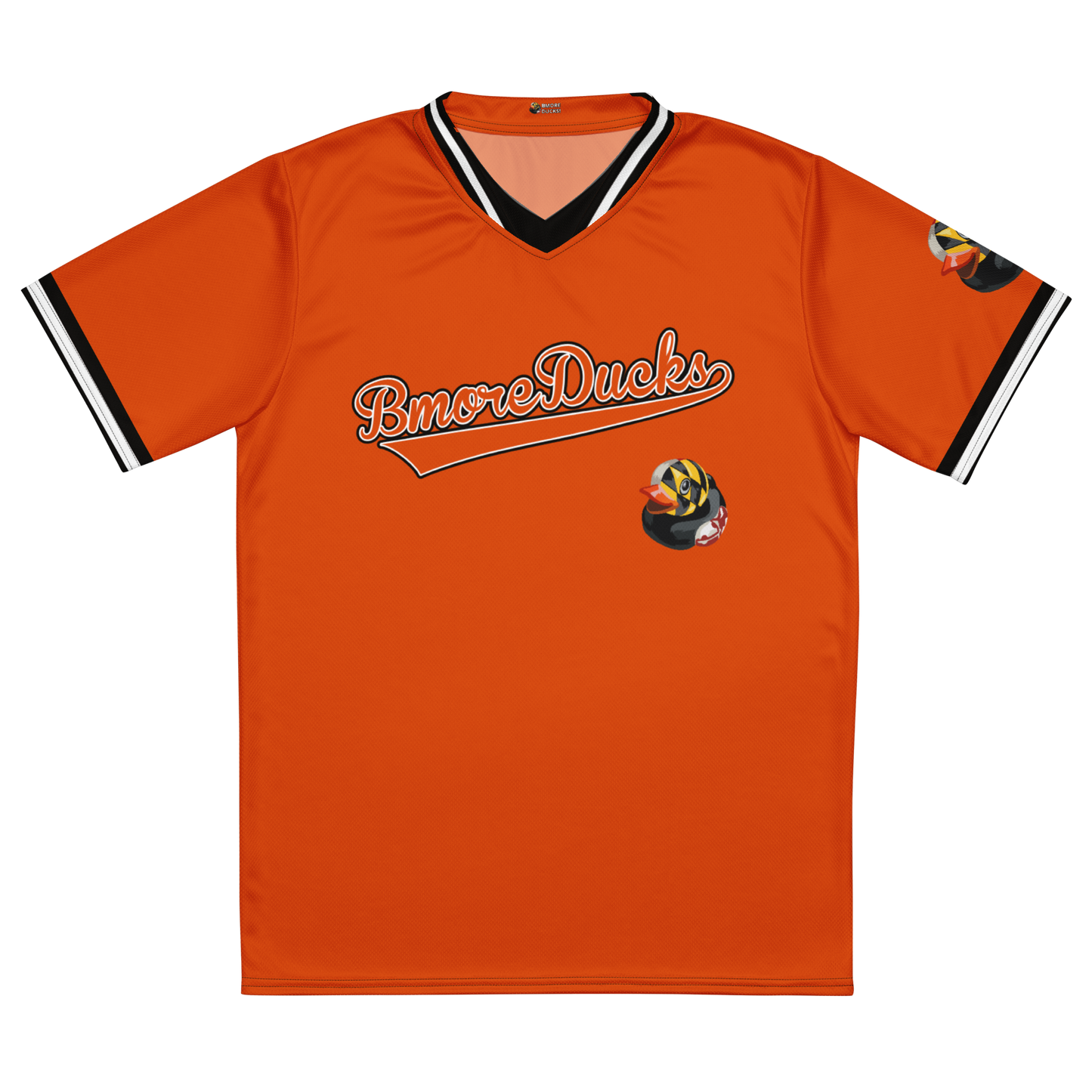 front of orange BMORE DUCKS! baseball style jersey with name in script and logo of a rubber duck with overlay of Maryland's Flag