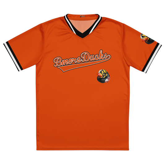 front of orange BMORE DUCKS! baseball style jersey with name in script and logo of a rubber duck with overlay of Maryland's Flag