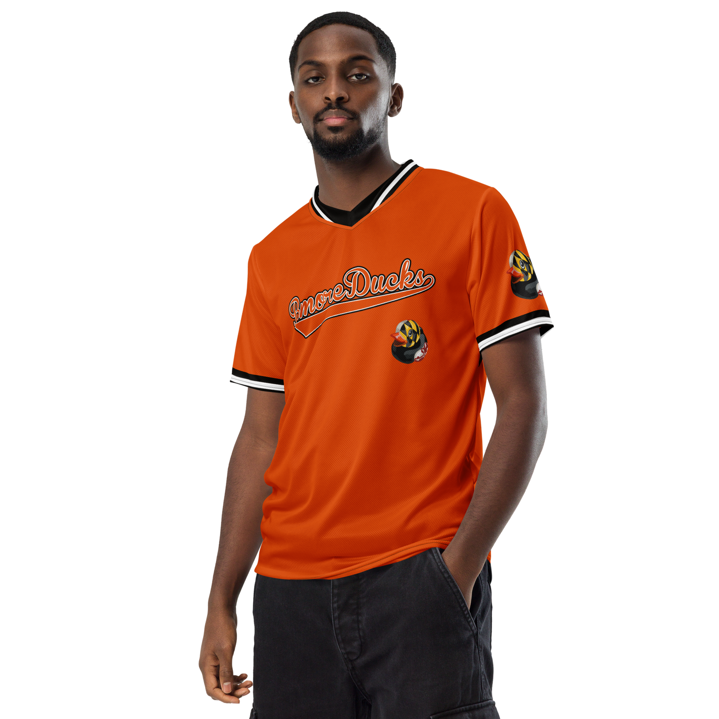 man wearing orange BMORE DUCKS! baseball style jersey with name in script and logo of a rubber duck with overlay of Maryland's Flag