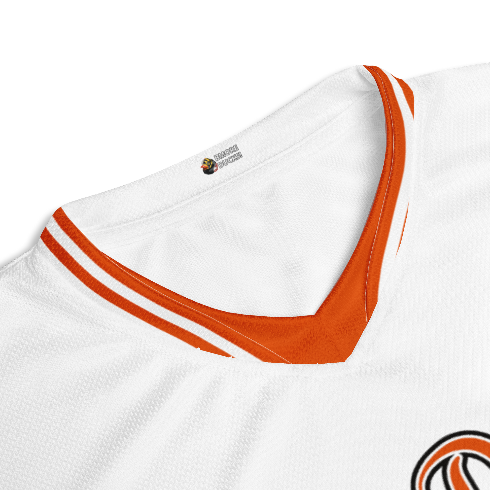 closeup view of orange and white striped v-neck of a white jersey