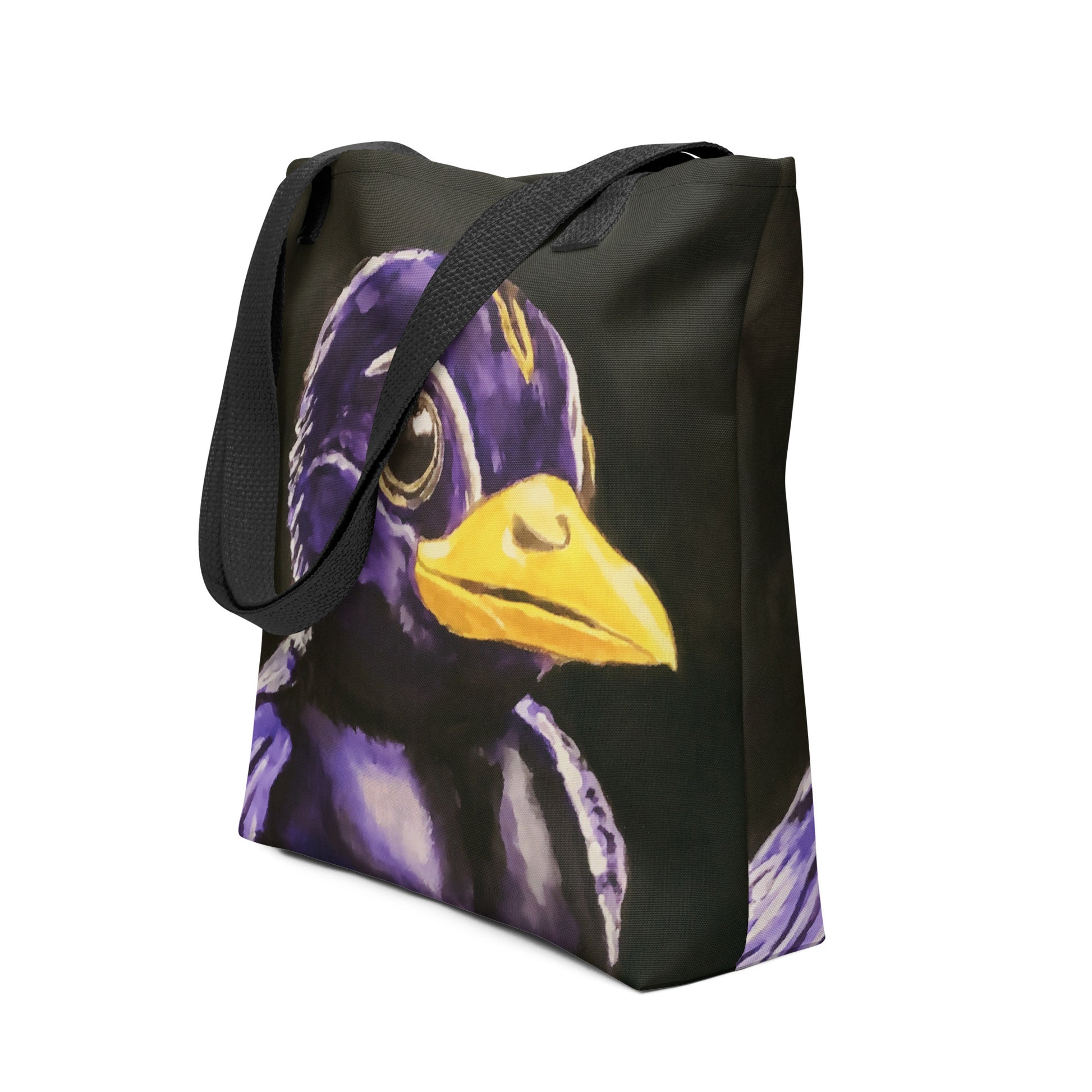 black tote bag with painting of a baby black and pruple bird