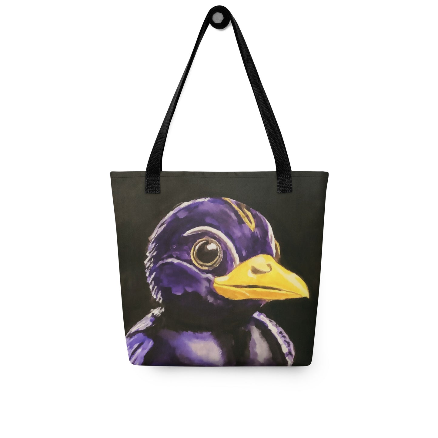 black tote bag with painting of a baby black and pruple bird