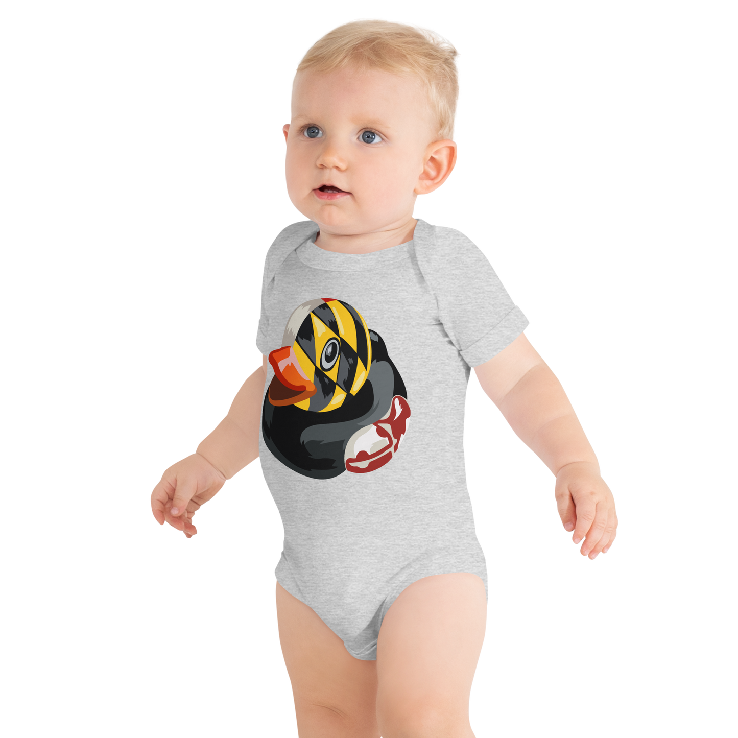 Baby wearing gray onesie with large logo of Maryland BMORE DUCKS! on chest