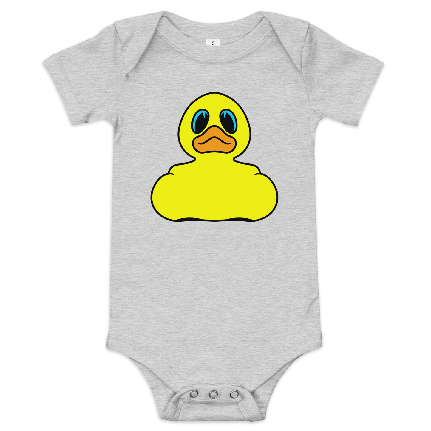 Baby onesie in athletic gray with classic BMORE DUCKS! yellow rubber duck logo on front