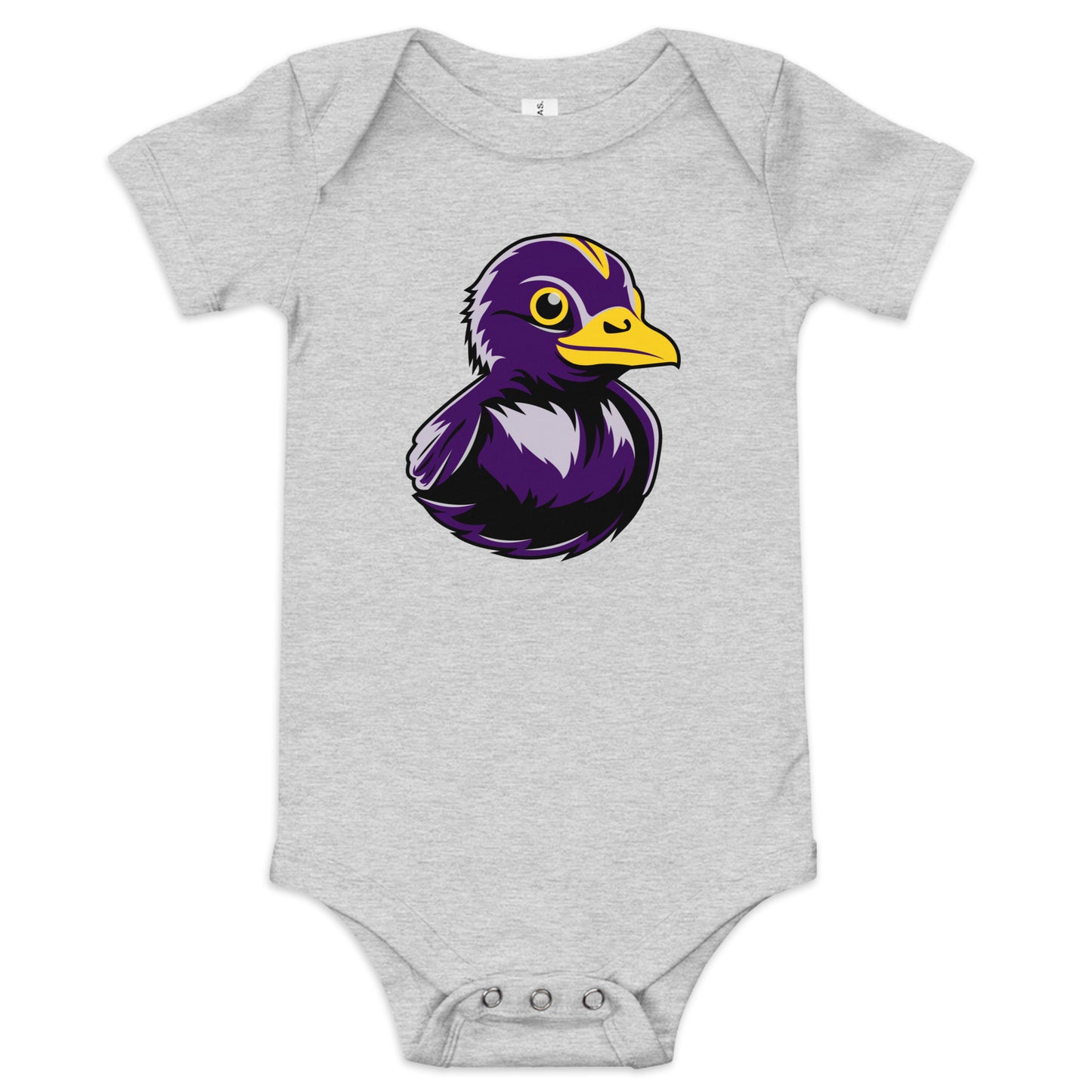 athletic heather baby oneside with black and purple rubber duck on front