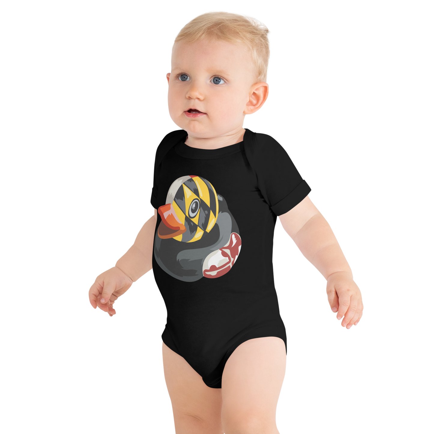 Baby wearing black onesie with large logo of Maryland BMORE DUCKS! on chest