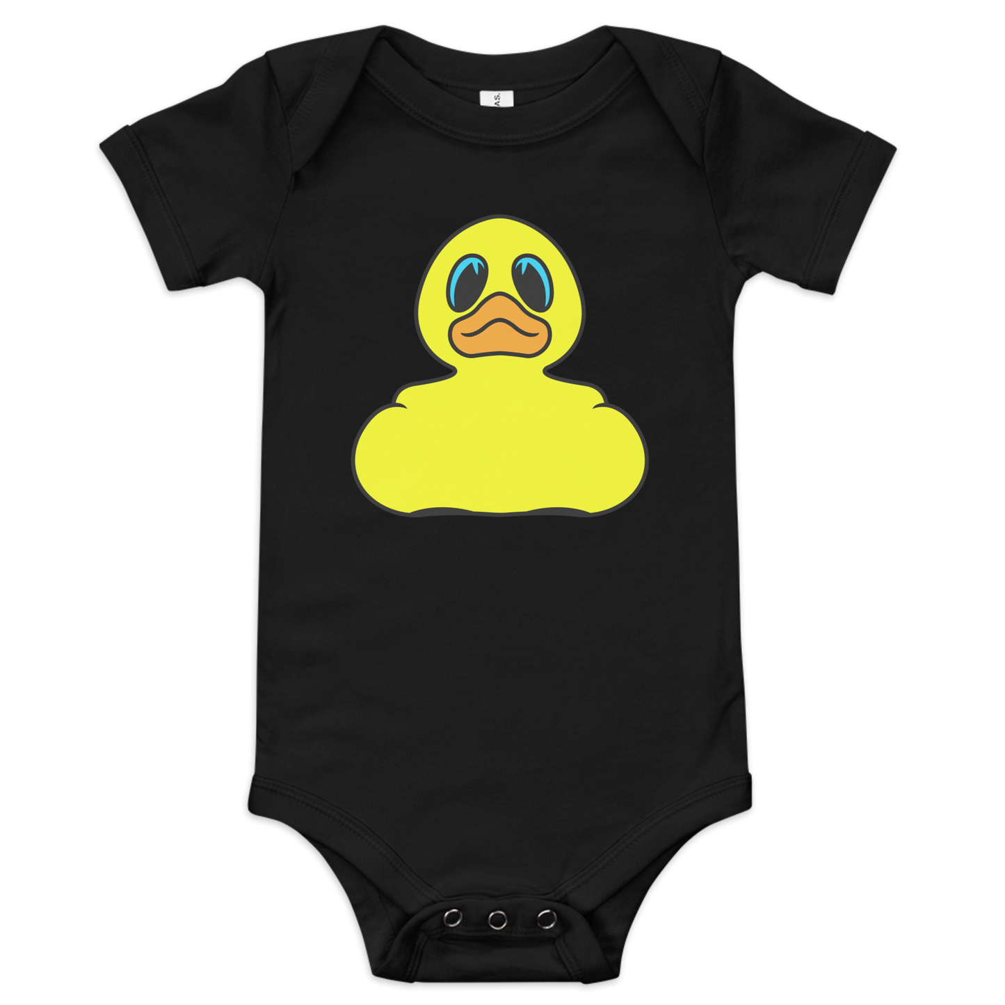 Baby onesie in black with classic BMORE DUCKS! yellow rubber duck logo on front