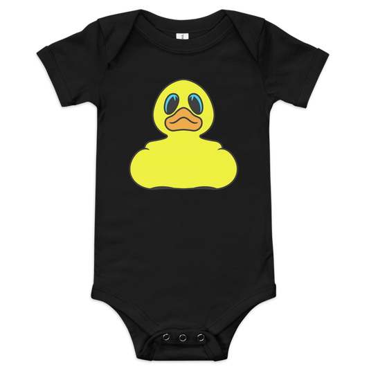 Baby onesie in black with classic BMORE DUCKS! yellow rubber duck logo on front