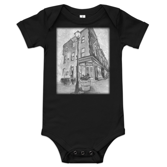 Image of a Black baby onesie with a picture of Baltimore's Admiral's Cup Bar painted in watercolor over a map of the city