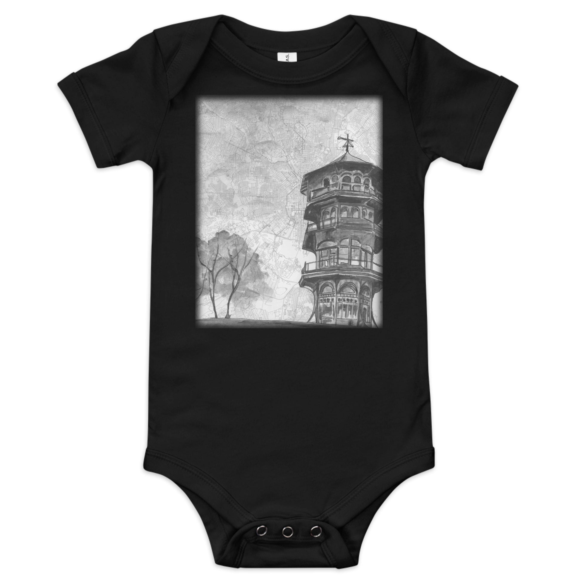 Baby onesie in black with printed image of a painting of the Patterson Park Pagoda on a map of Baltimore