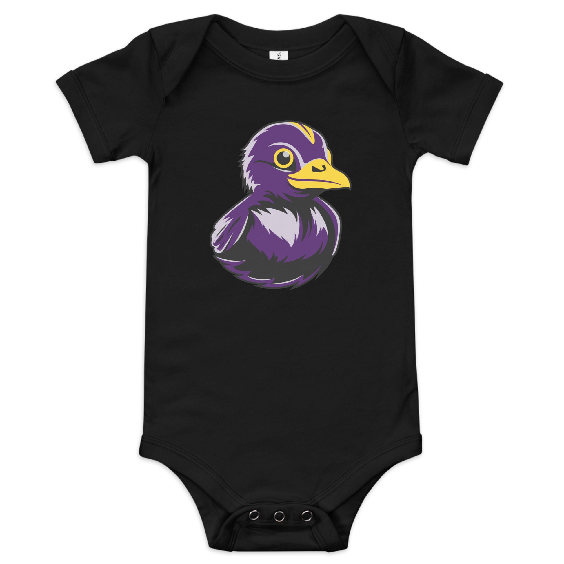 black baby oneside with black and purple rubber duck on front