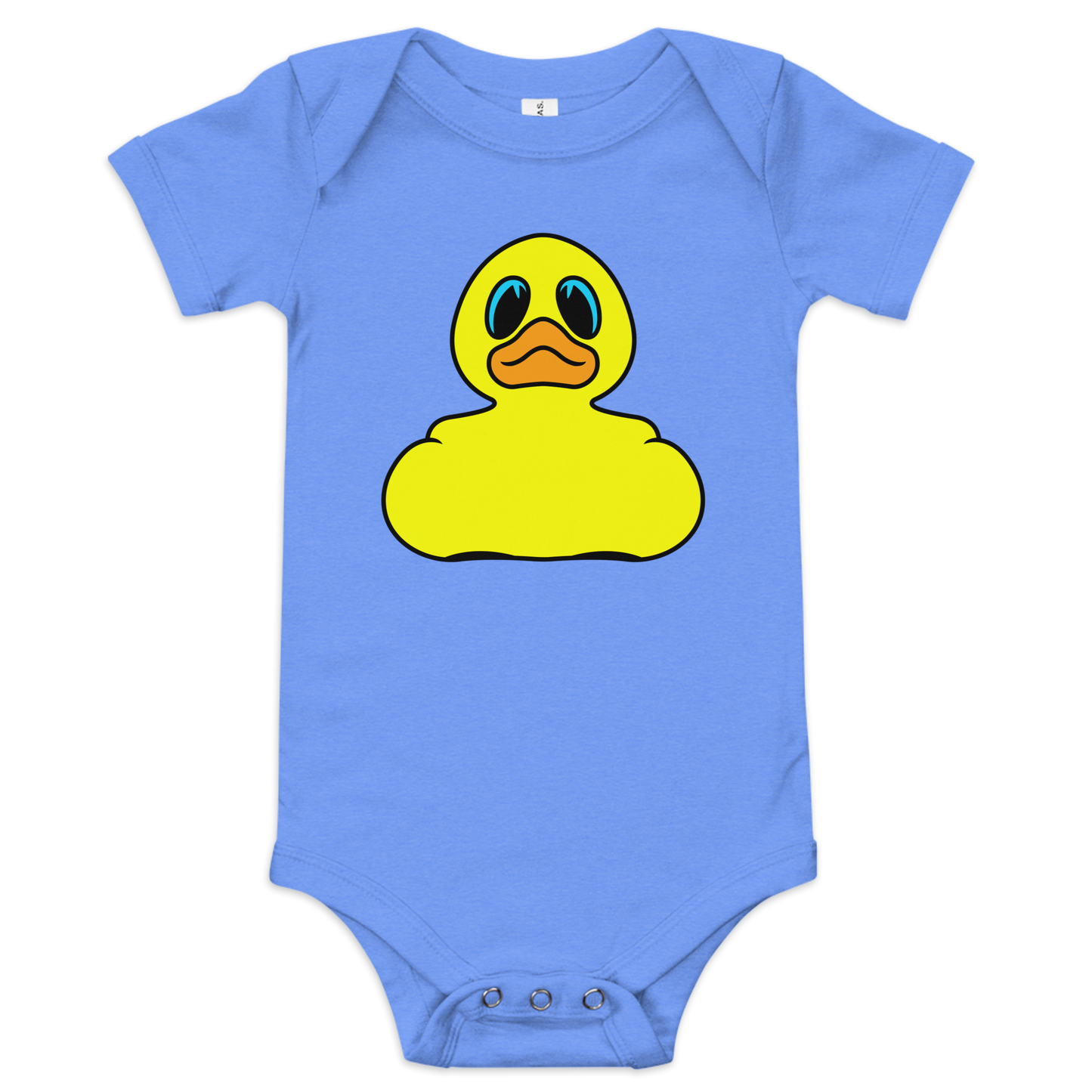 Baby onesie in columbia blue with classic BMORE DUCKS! yellow rubber duck logo on front