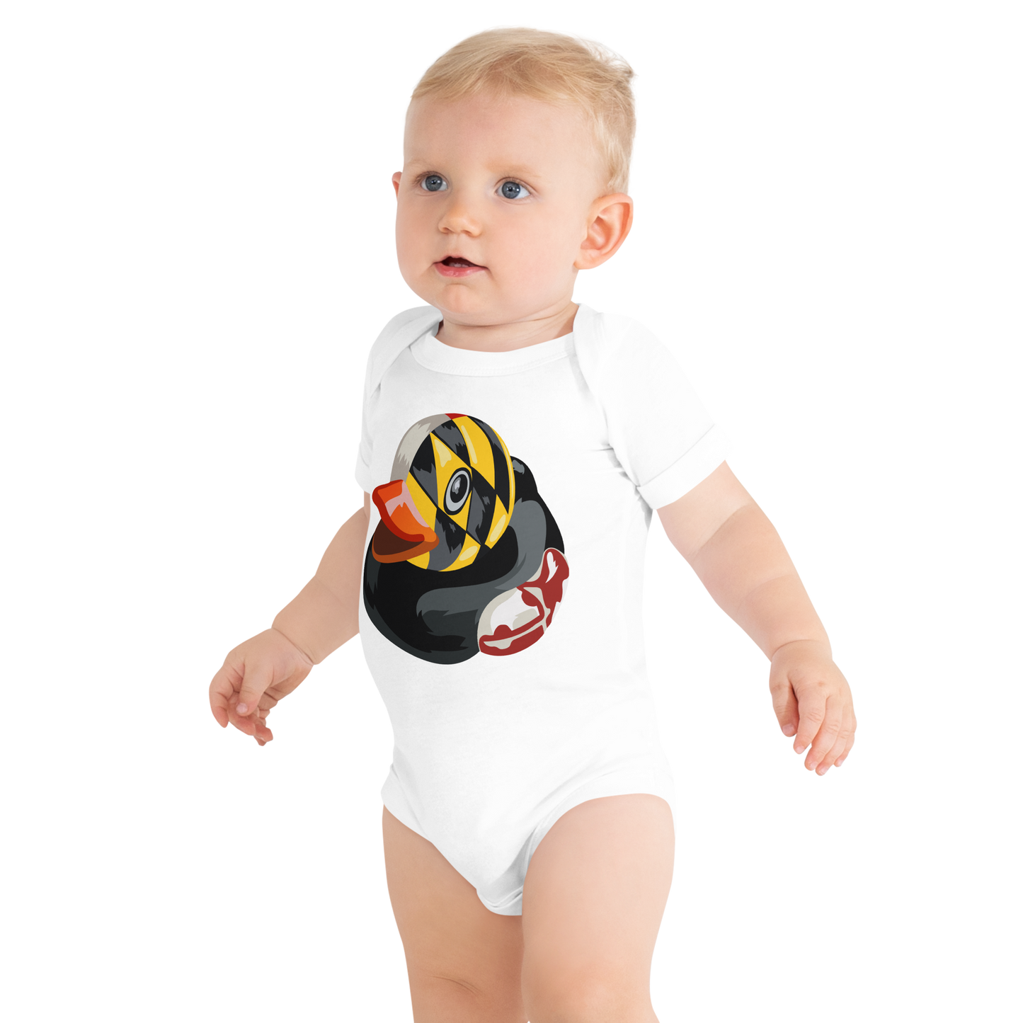 Baby wearing white onesie with large logo of Maryland BMORE DUCKS! on chest