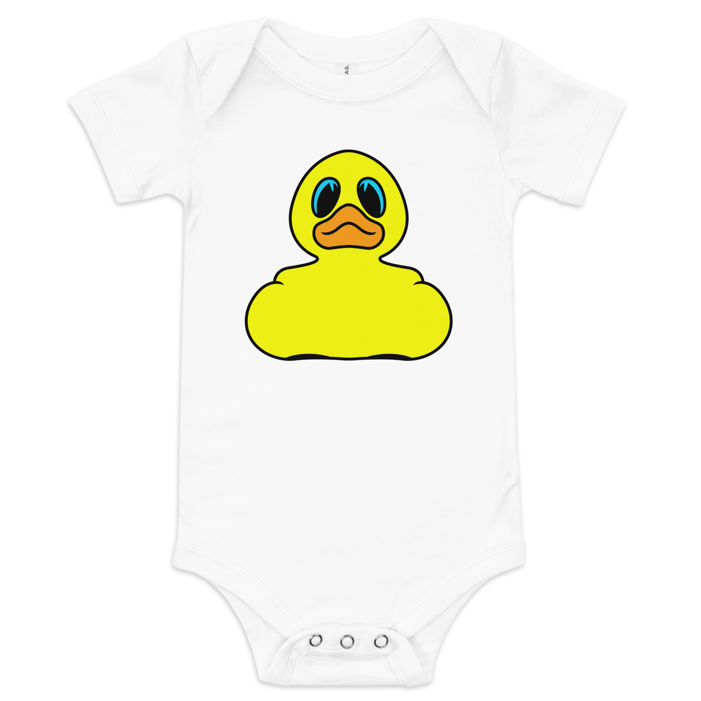 Baby onesie in white with classic BMORE DUCKS! yellow rubber duck logo on front