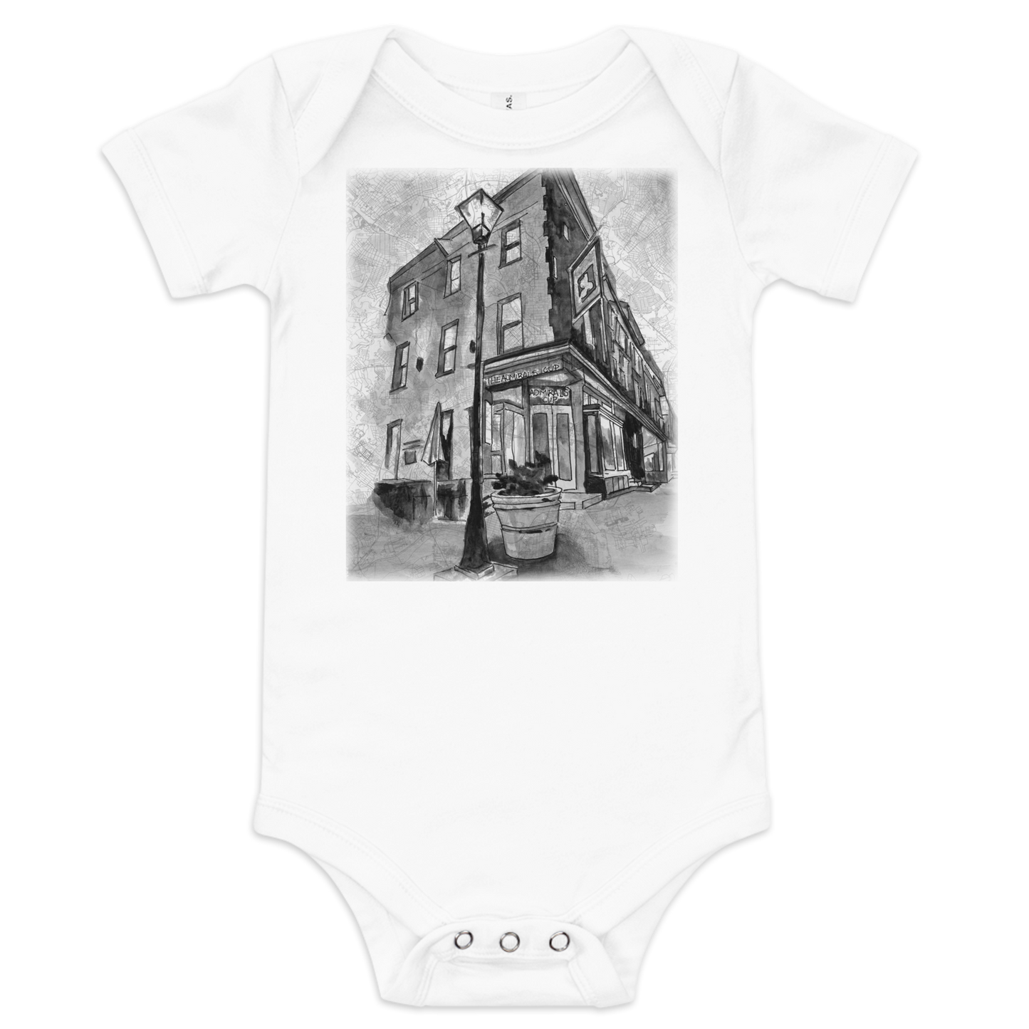 Image of a white baby onesie with a picture of Baltimore's Admiral's Cup Bar painted in watercolor over a map of the city