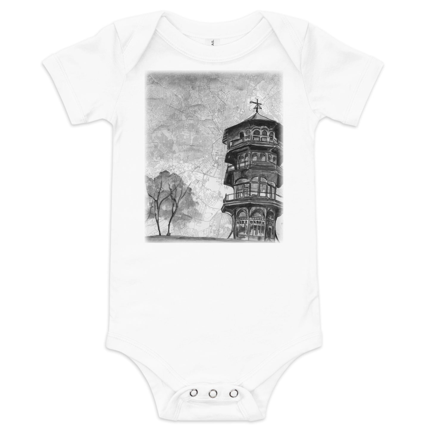 Baby onesie in white with printed image of a painting of the Patterson Park Pagoda on a map of Baltimore