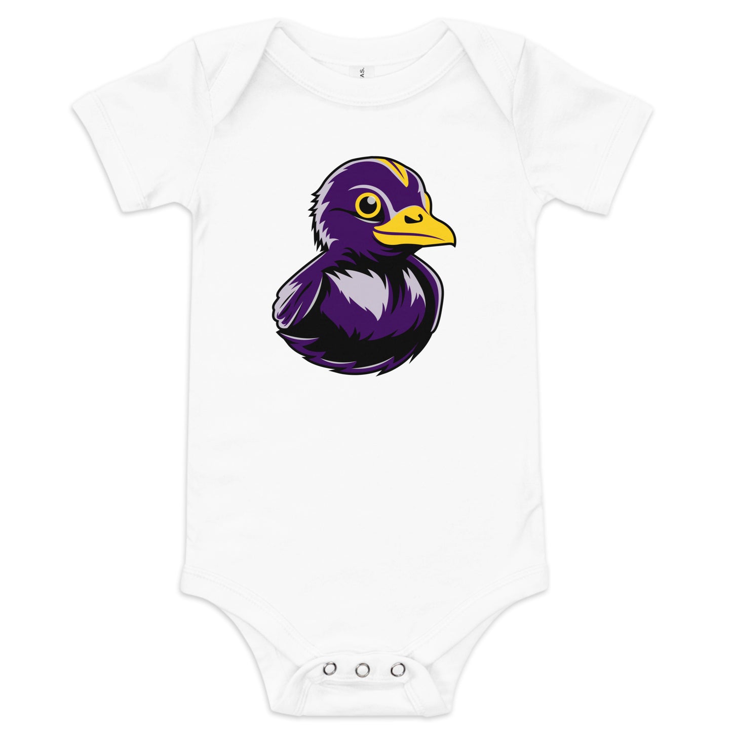 white baby oneside with black and purple rubber duck on front