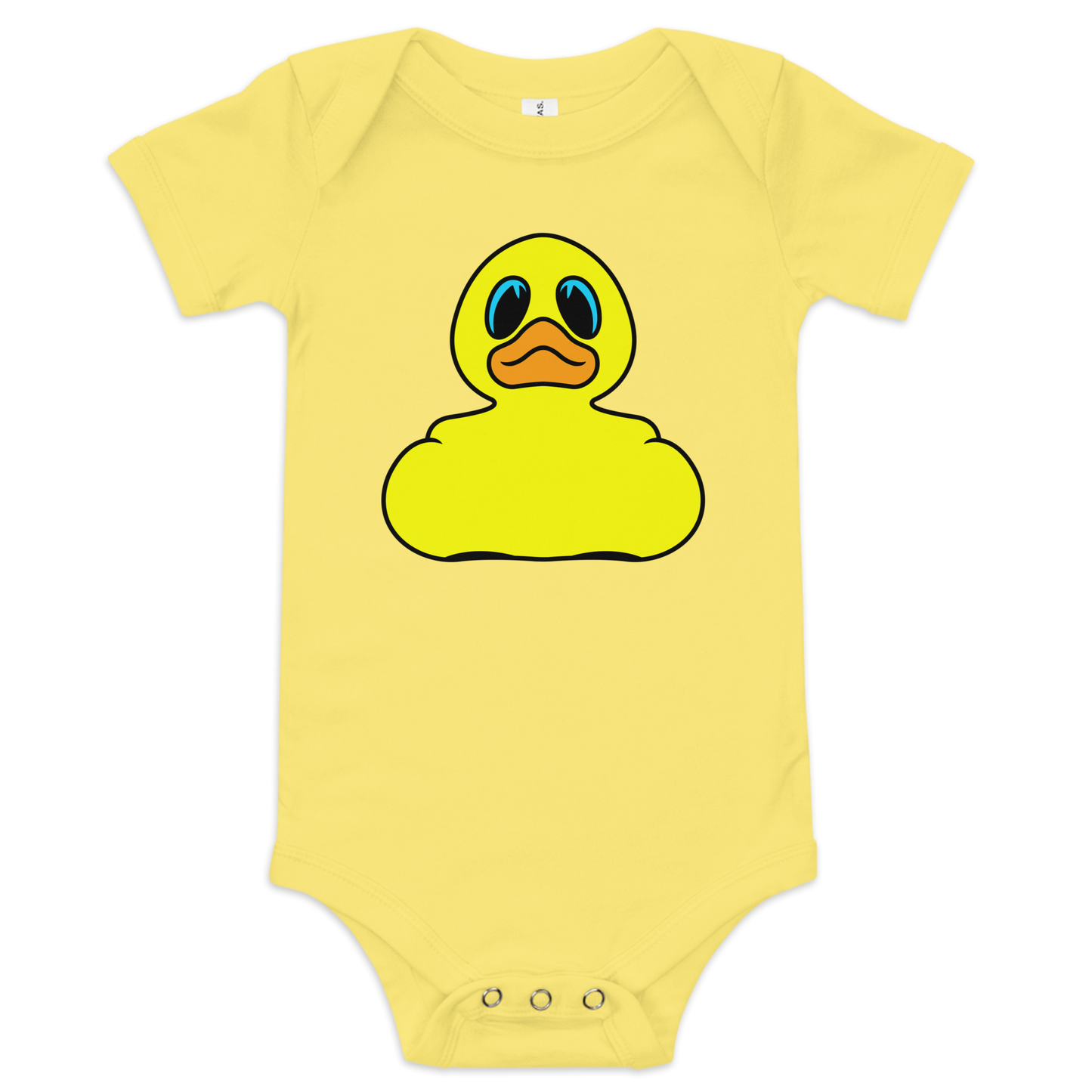 Baby onesie in yellow with classic BMORE DUCKS! yellow rubber duck logo on front