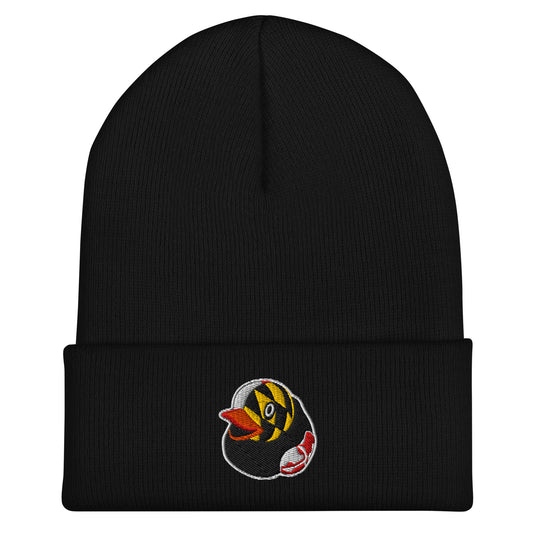 Black Beanie hat with embroidered rubber duck logo with Maryland Flag Pattern