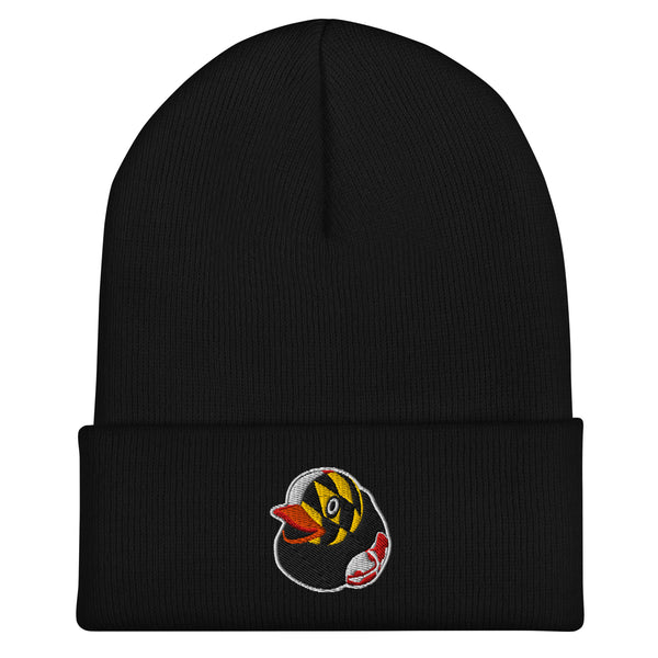 Black Beanie hat with embroidered rubber duck logo with Maryland Flag Pattern