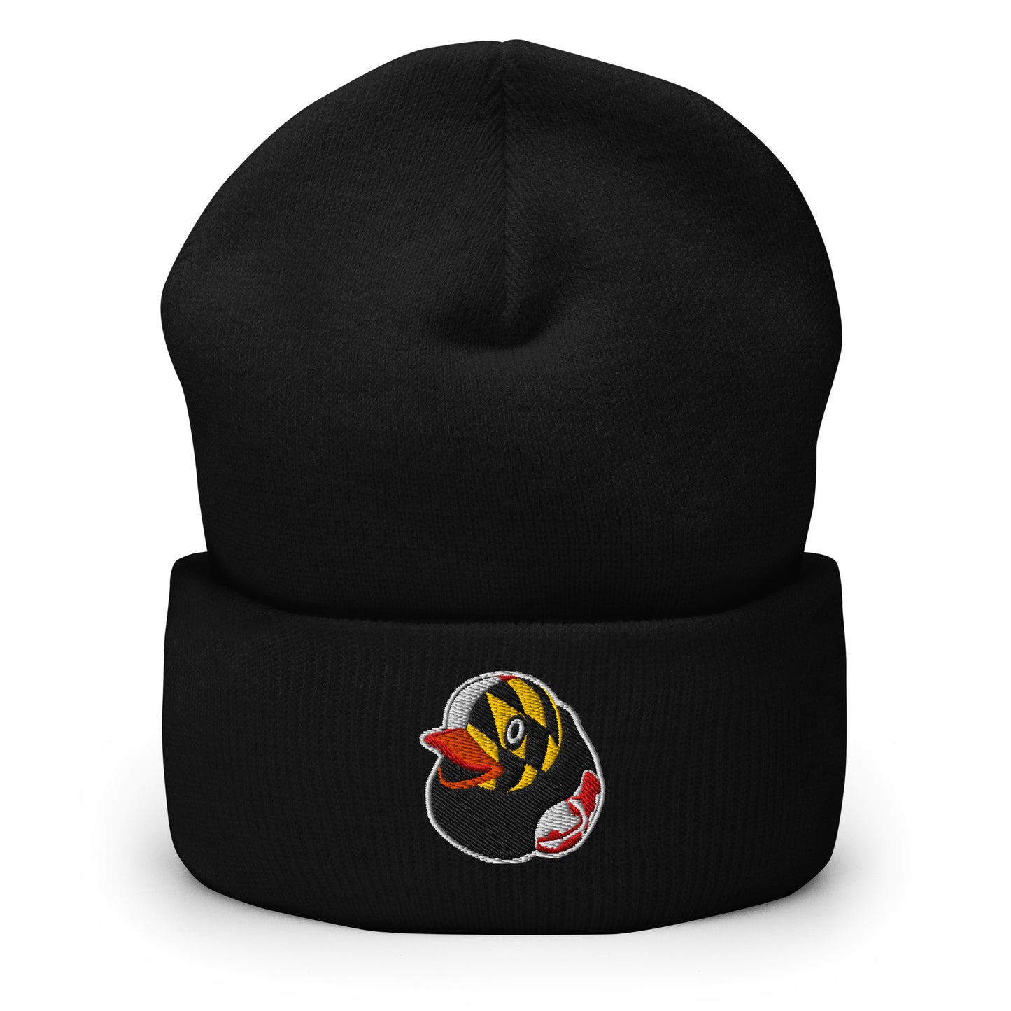 Black Beanie hat with embroidered rubber duck logo with Maryland Flag Pattern