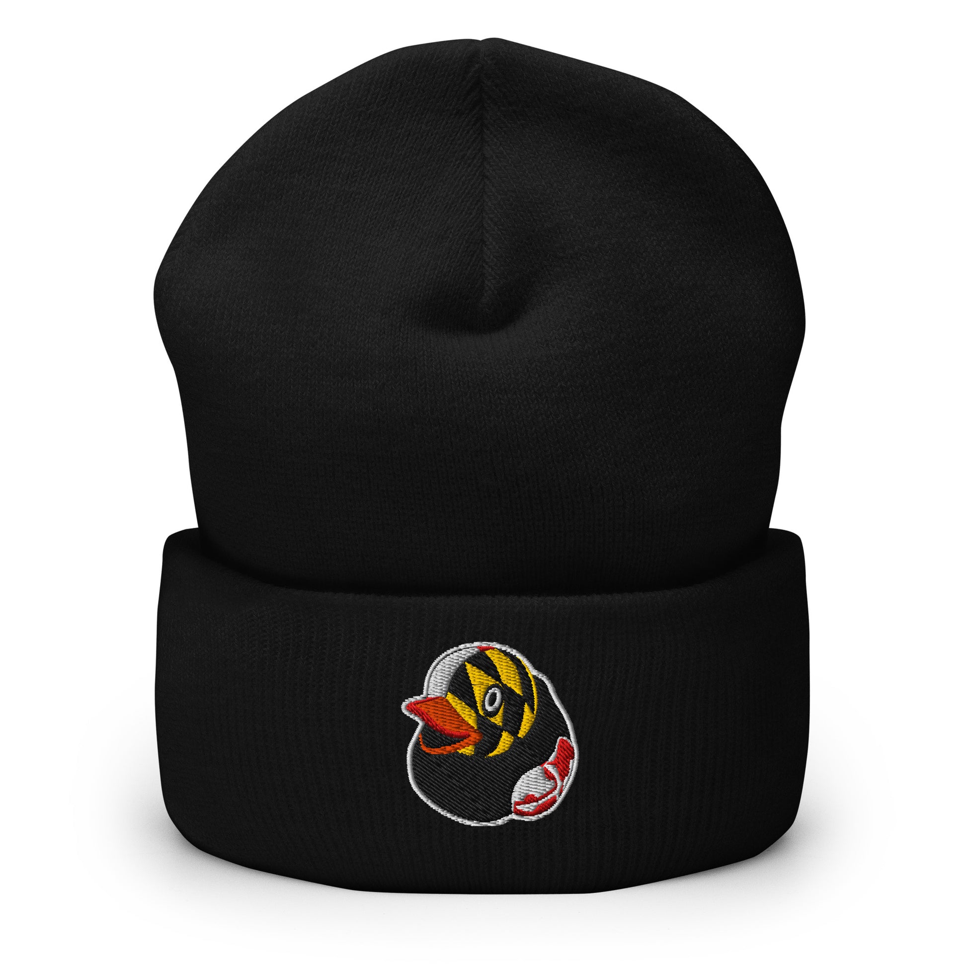 Black Beanie hat with embroidered rubber duck logo with Maryland Flag Pattern