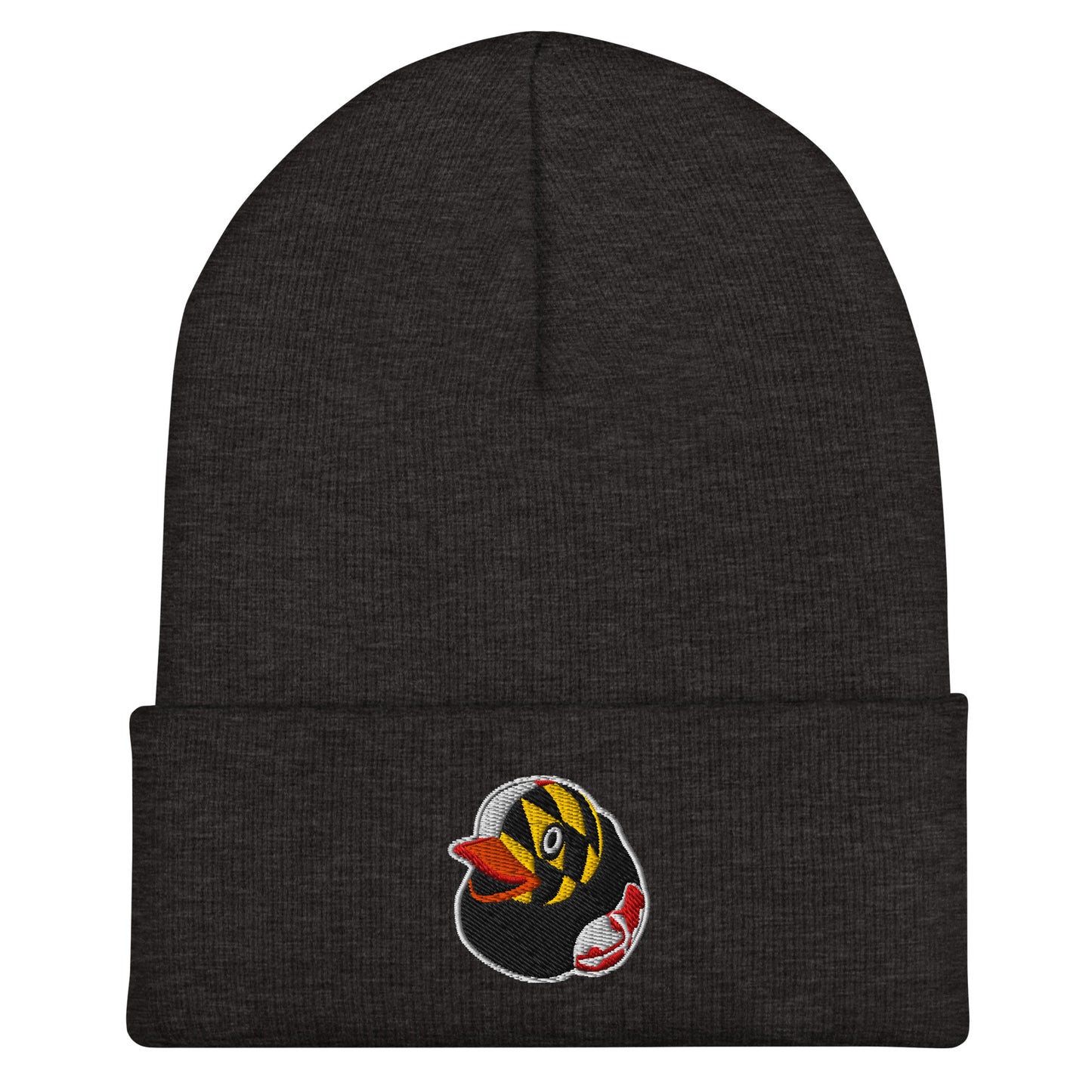 Gray Beanie hat with embroidered rubber duck logo with Maryland Flag Pattern