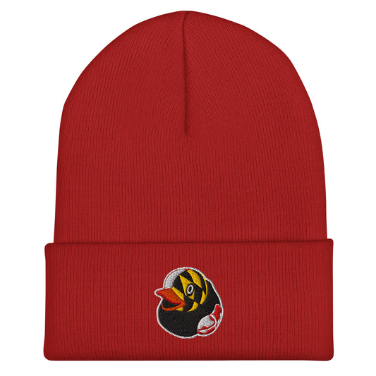 Red Beanie hat with embroidered rubber duck logo with Maryland Flag Pattern