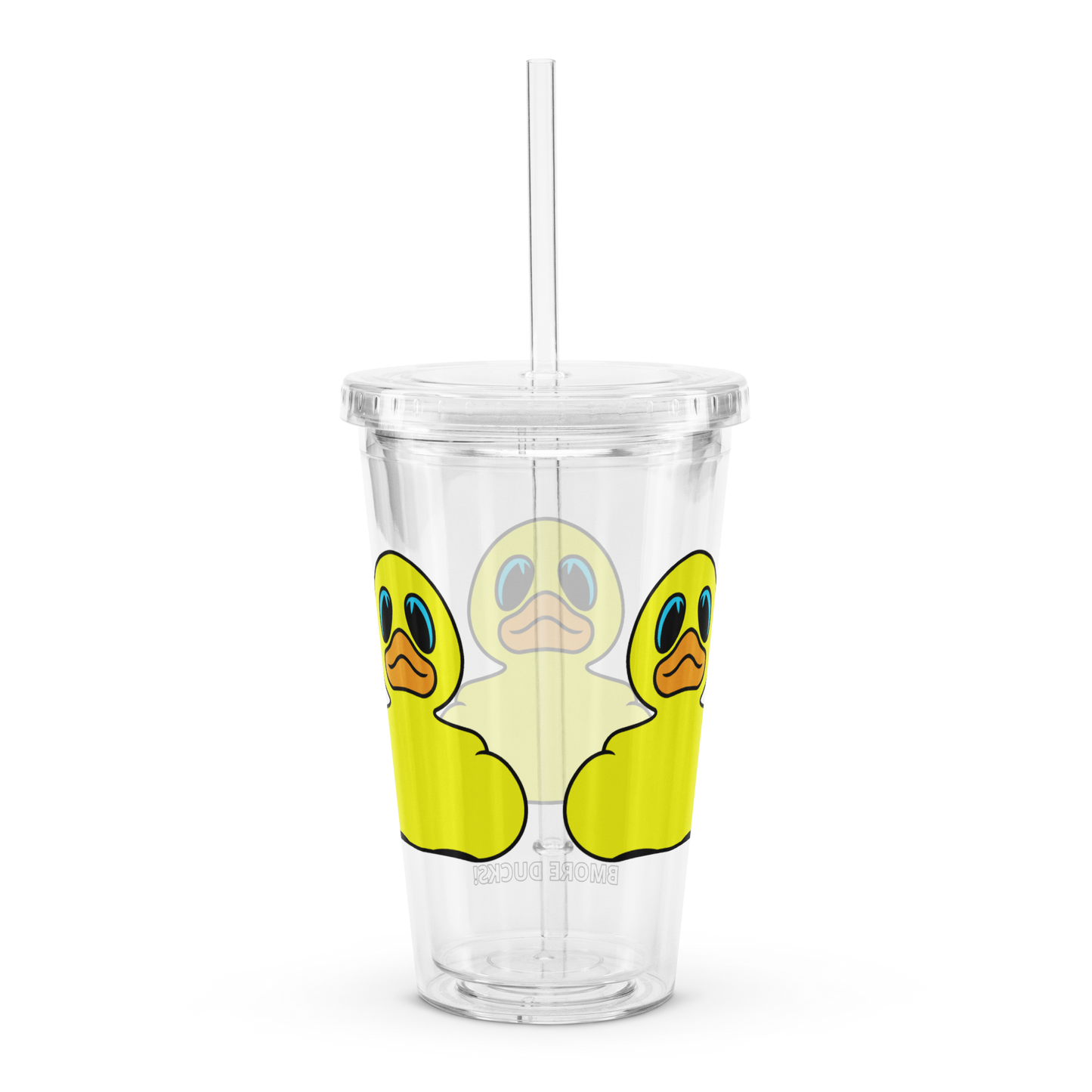 rear view clear plastic tumbler with straw decorated with classic BMORE DUCKS! yellow rubber duck logo