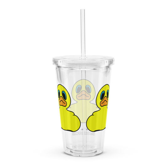 rear view clear plastic tumbler with straw decorated with classic BMORE DUCKS! yellow rubber duck logo