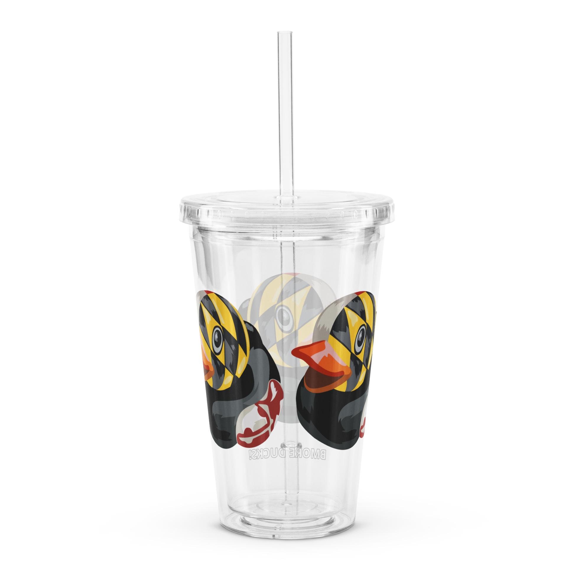 rear view clear plastic tumbler with straw decorated with Maryland BMORE DUCKS! logo