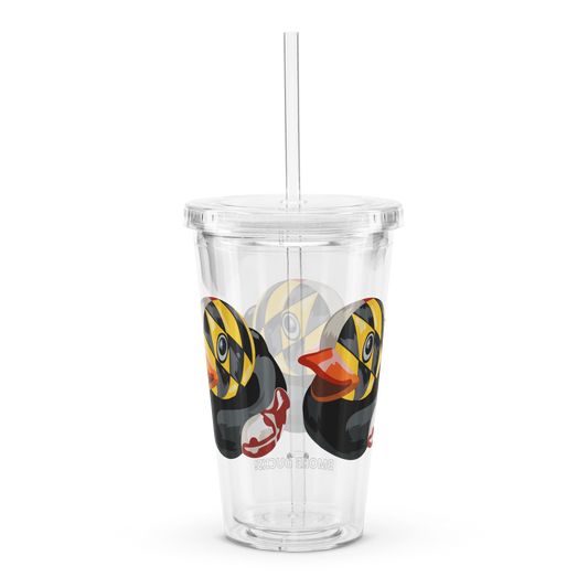 rear view clear plastic tumbler with straw decorated with Maryland BMORE DUCKS! logo