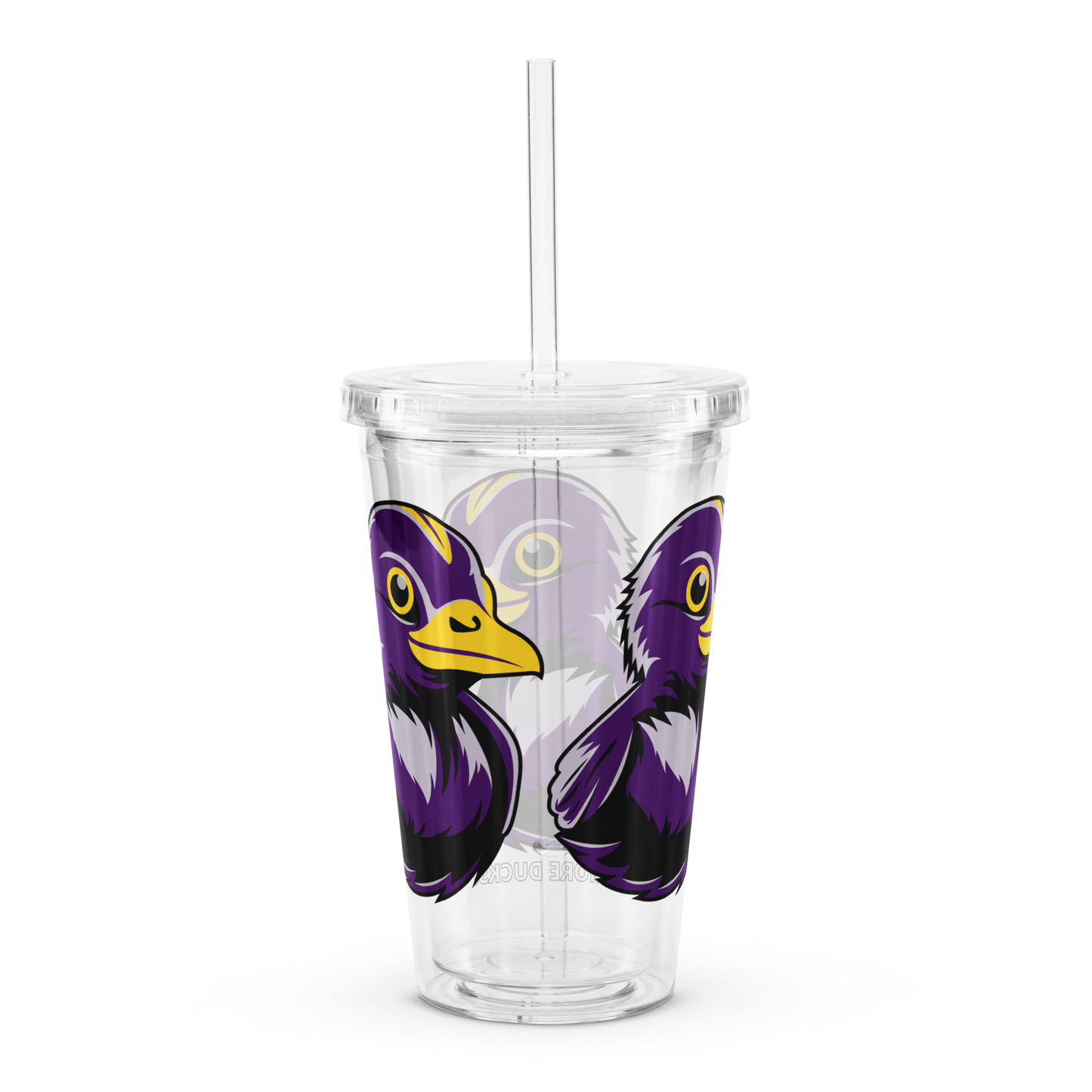 rear view clear plastic tumbler with straw decorated with Football Fan BMORE DUCKS! logo