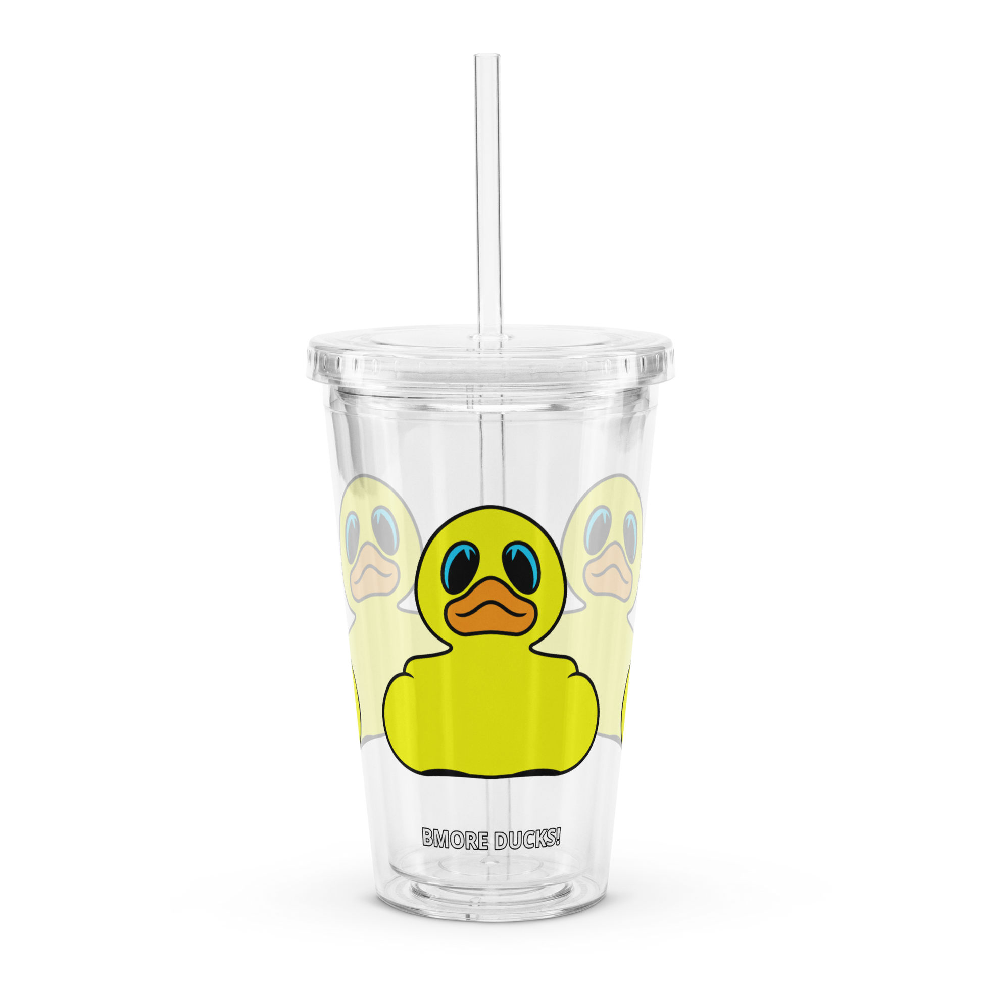 side view clear plastic tumbler with straw decorated with classic BMORE DUCKS! yellow rubber duck logo