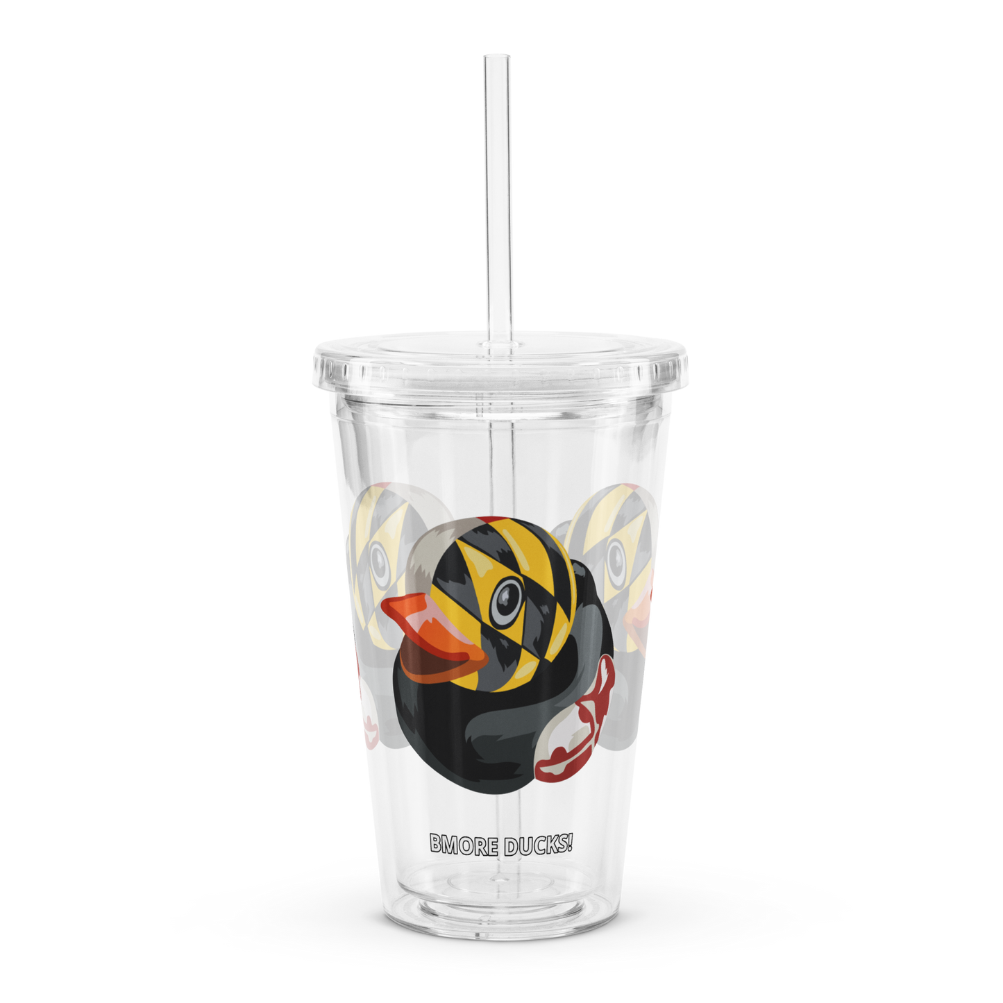 front view clear plastic tumbler with straw decorated with Maryland BMORE DUCKS! logo