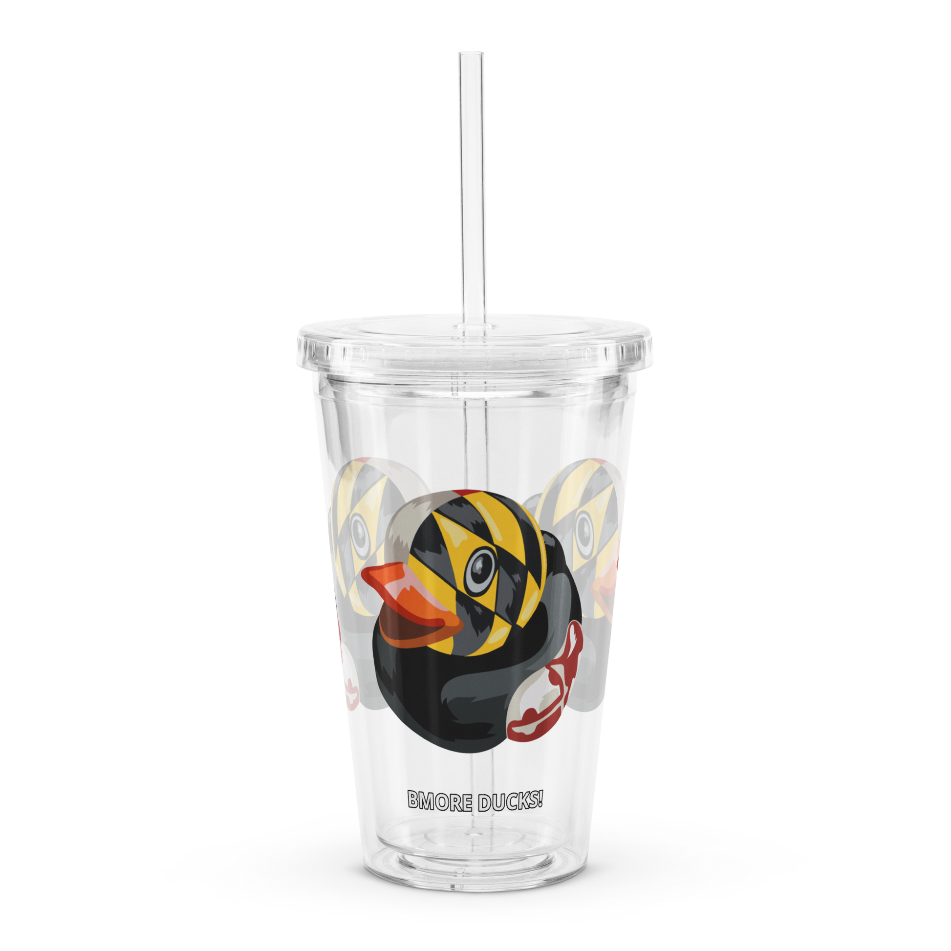 front view clear plastic tumbler with straw decorated with Maryland BMORE DUCKS! logo