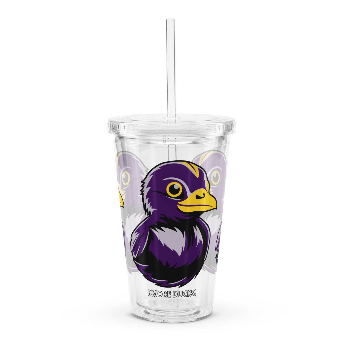 front view clear plastic tumbler with straw decorated with Football Fan BMORE DUCKS! logo