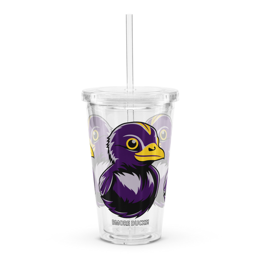 front view clear plastic tumbler with straw decorated with Football Fan BMORE DUCKS! logo