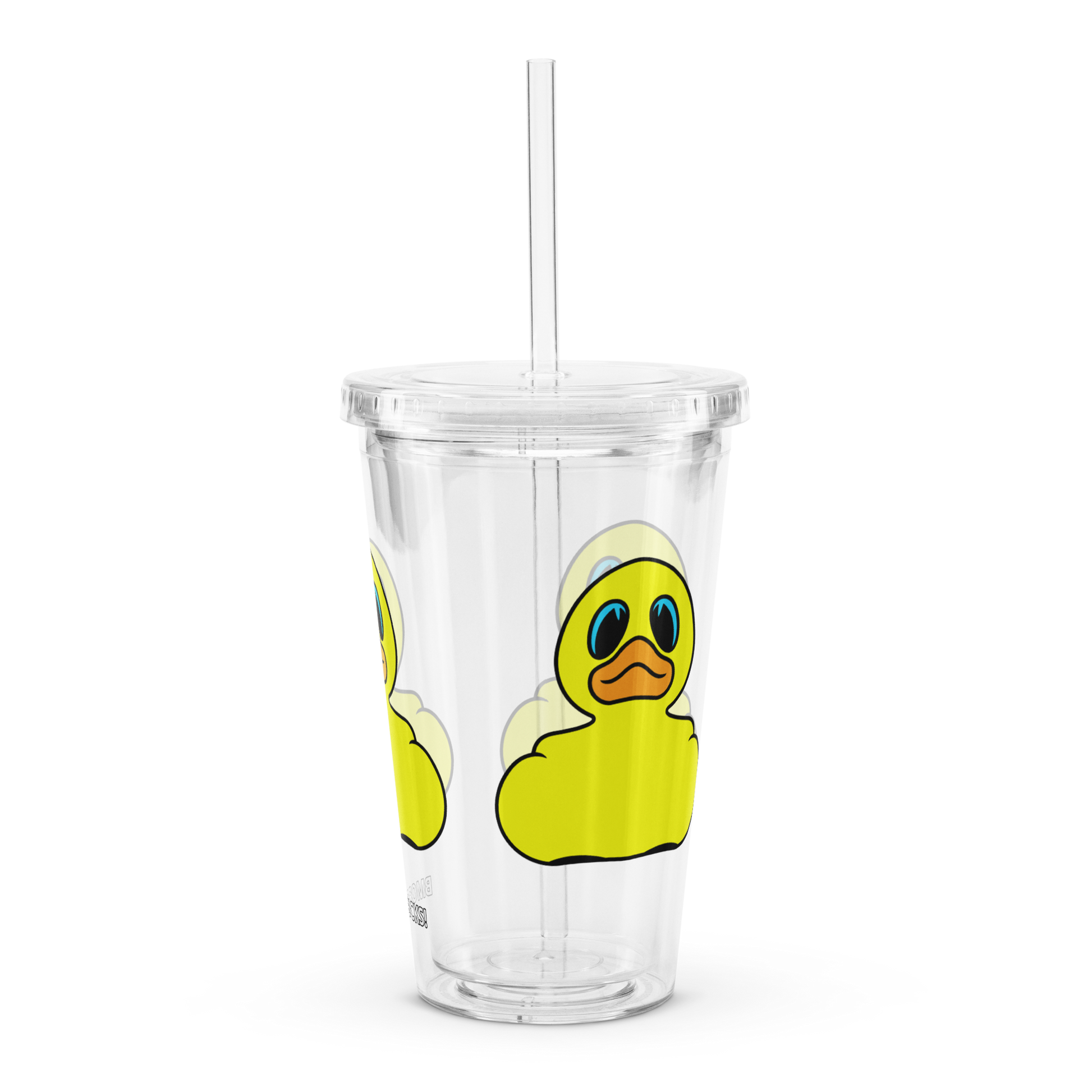 front view clear plastic tumbler with straw decorated with classic BMORE DUCKS! yellow rubber duck logo