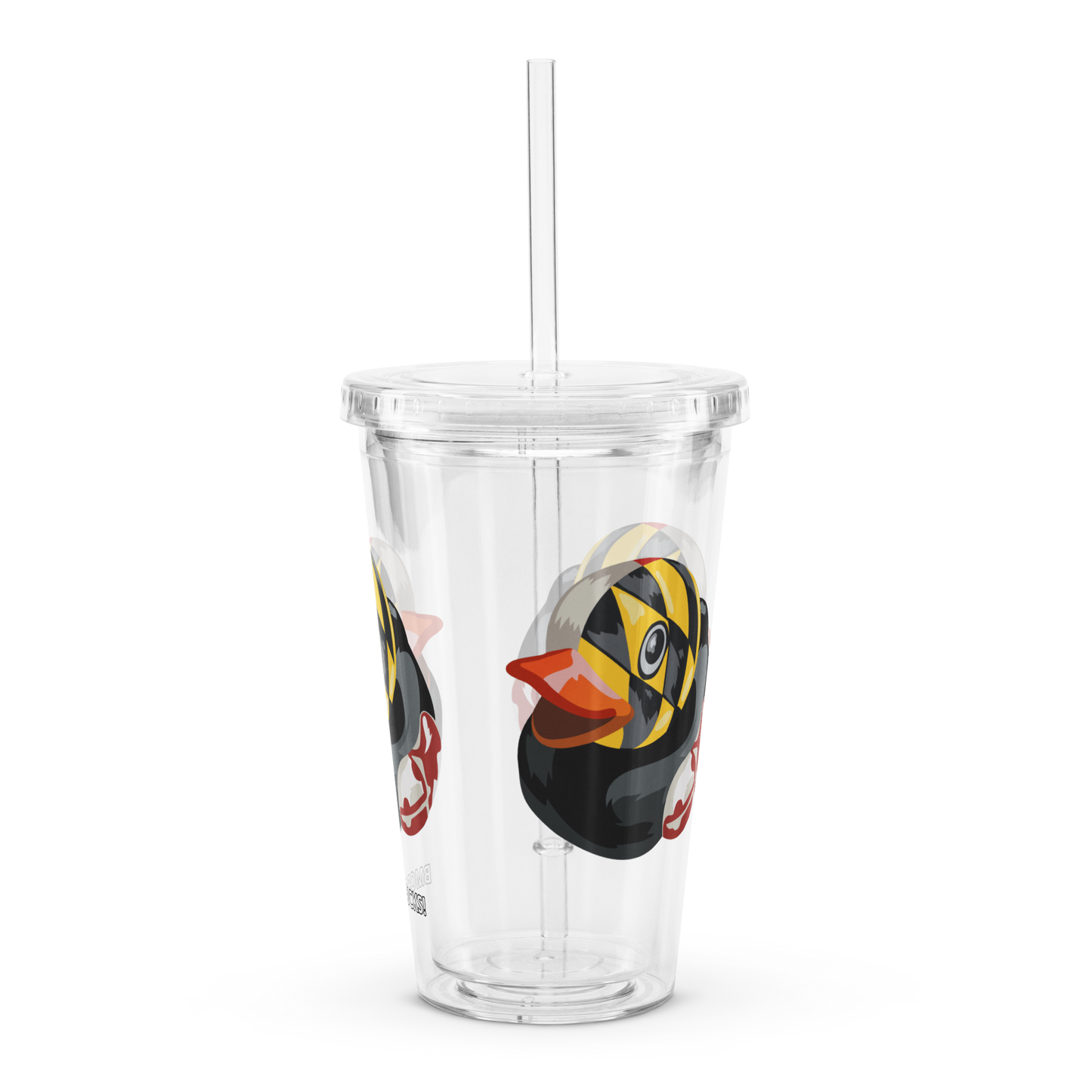 side view clear plastic tumbler with straw decorated with Maryland BMORE DUCKS! logo